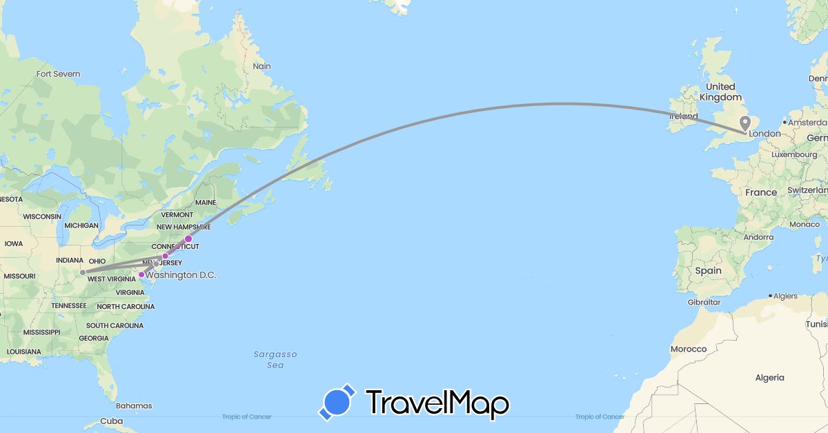 TravelMap itinerary: plane, train in United Kingdom, United States (Europe, North America)